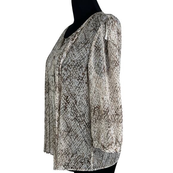 Talbots 14P Petite Snakeskin Pintuck Tunic Blouse Sheer 3/4 Sleeve Button Front - Picture 4 of 9